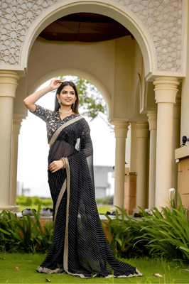 Striped, Embellished Georgette Saree , (black)