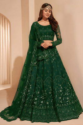 Embroidered Semi Stitched green Net Lehenga Choli For Women (Green)