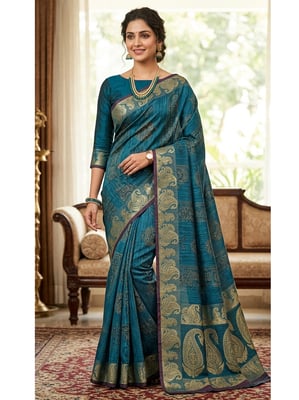 Elegant Teal Rama Silk Saree with Antique Gold Zari & Paisley  Work