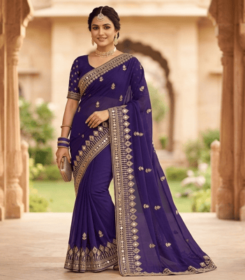 Mirror work saree in embroidery. (dark blue)
