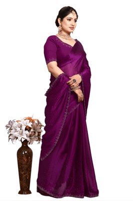 Emblished Chinnon Silk Saree With Blouse Piece (purple) 
