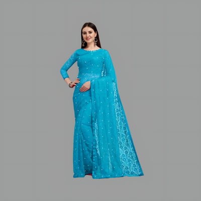 Self Design Women Bollywood Net Saree (Sky-Blue))