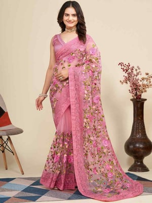 Embroidered Bollywood Net Saree With Attached Unstitched Blouse Piece (Pink)