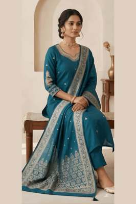 Teal Blue Banaras Vibe Embroidered Kurta Set