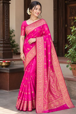 Trendy Jacquard Silk Pink Saree With Blouse Piece