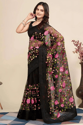 Floral Embroidered Saree With Blouse Piece (Black)
