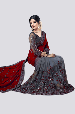 Half & Half Mirror Work Embroidered Net & Silk Saree With Blouse Piece