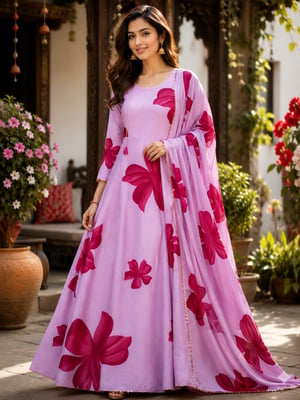 Pink Georgette Gown With Dupatta Set 
