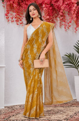 Emblished Daily Wear Organza Saree (Yellow)