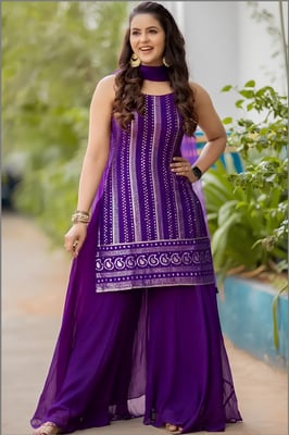 Purple Short Kurti Sharara Dupatta Set 
