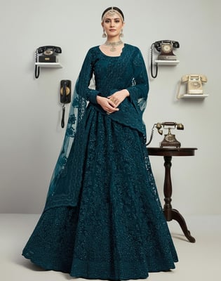 Aika Embroidered Net Semi Stitched Flared/A-line Gown (Blue)