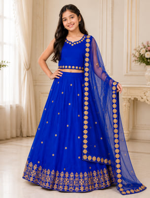 Satin Blue Semi Stitched Kids Lehenga 