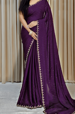 Emblished Chinnon Silk Saree With Blouse Piece nevi bule 