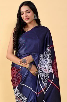 Moti Embroidered Stone Pasted Floral Print Satin Silk Saree 