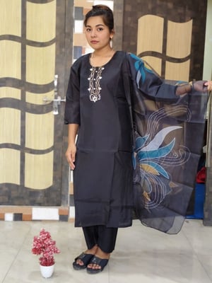 New Neck Design Fully Stitched Roman Silk Kurta Set For Women (Black)