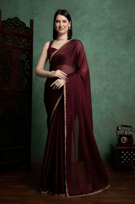 Self Design, Embroidered maroon Georgette Saree 