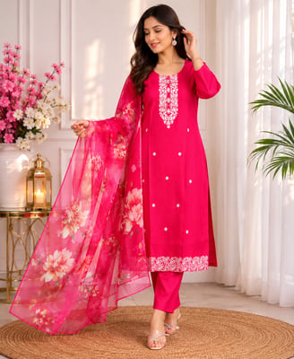 Fully stitched Neck Design Roman Silk Red KurtaSet  
