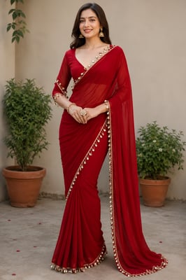 Beautiful Georgette Saree with Fancy Tassel Border and Matching Unstitched Blouse Piece 