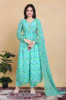 sky blue Floral Gown With Dupatta Set for Women
