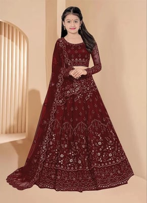 maroon net Kids Lehenga Choli And Dupatta Set