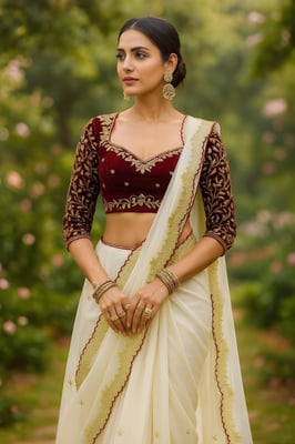 Buy white embroidered saree blouse and matching plain saree set.