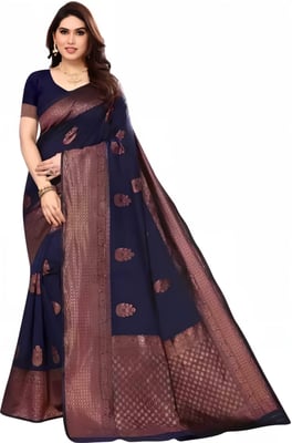 Navy Blue Kanjivaram Silk Saree With Blouse Piece 