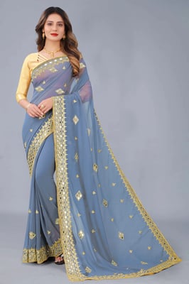 Embroidered mirror work  Saree (Grey)