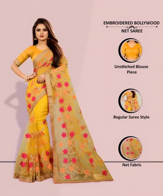 Flowers Embroidered Yellow Net Saree for Haldi Function 