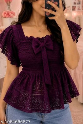 Ruffle Sleeves & Bow Detail Trendy Women’s Top