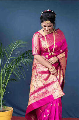 Trendy Jacquard Silk Pink Saree With Blouse Piece