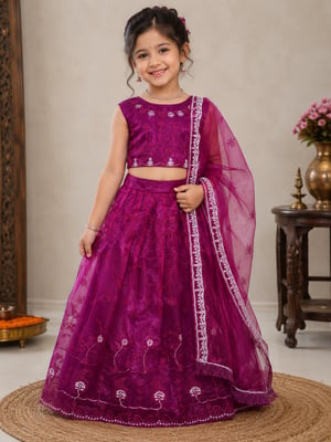 Semi Stitched Net Lehenga Choli Dupatta Set for Girls