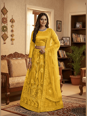 A Line Semi Stitched Net Lehenga Choli Dupatta Set