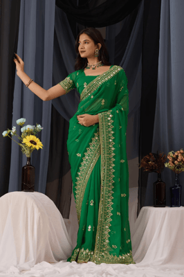 Self Design, Embroidered Bollywood Georgette Saree  (Green)