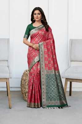 Buy ethnic pink and dark green art silk or silk blend saree, 