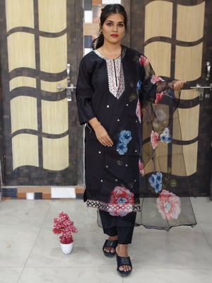 Fully stitched Embraided Design Roman Silk Black KurtaSet  