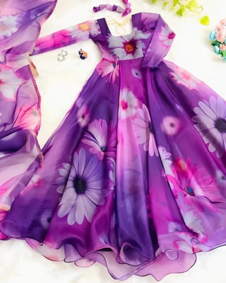 Flower Print Purple Organza Gown With Dupatta Set