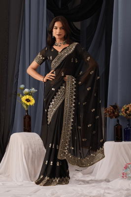 embroidered mirror work saree 
