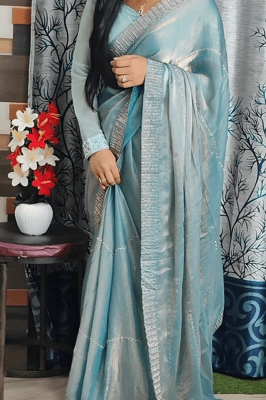 light blue organza saree with a silver border. 