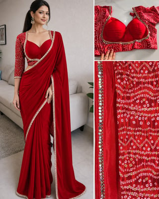 Fancy Red Chinon Real Mirror Lace Saree Stitched Free Size Blouse