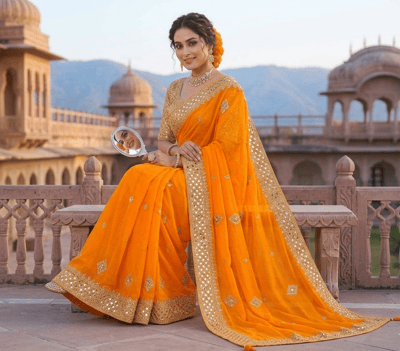 yellow-orange saree is crafted from lightweight fabrics like georgette or chiffon, cut, diamond work saree 