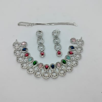 silver-finish diamond necklace and earring set 