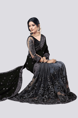 Half & Half Mirror Work Embroidered Black Grey Net & Silk Saree With Blouse Piece 