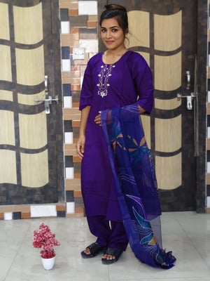 Roman Silk Kurta Pant Dupatta Set for Women(Purple)