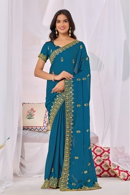 Self Design, Embroidered Bollywood Georgette Saree  (Teal)