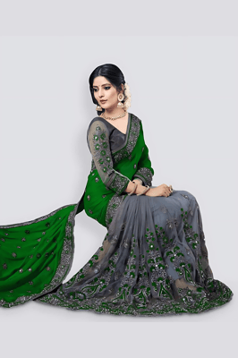 Half and Half Embroidered Net and Silk Saree With Blouse Piece (Green)