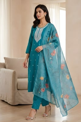 Neck Designed Fully Stitched Straight Kurta Set with Shwal (Sky Blue)