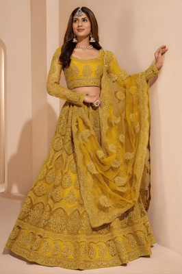 yellow net embroidery designer lehenga choli.