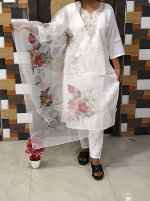 Fully Stitched Embroidery Roman Silk OffWhite Kurta Pant and Shawl set