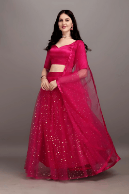 Self Design Light Weight Semi-Stitched Net Lehenga Choli For Women (Pink)