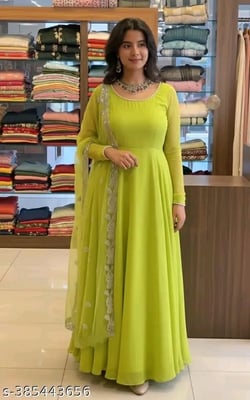 Fancy Pearl Neck Design Anarkali Gown With Dupatta Set for Women 